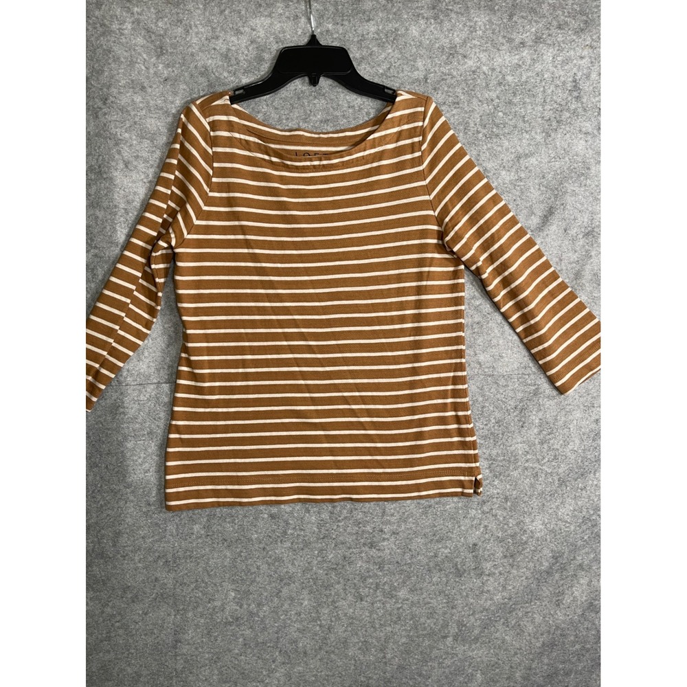 Loft Womens Brown White Striped Boat Neck 3/4 Sleeve Cotton Top Small
